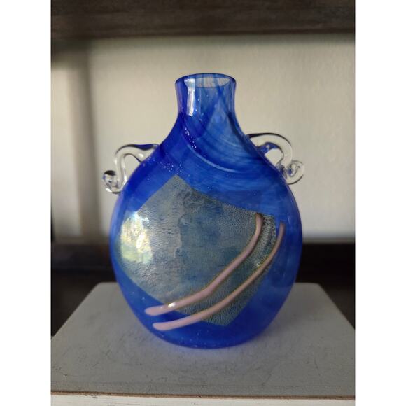 1994 Signed Blue Art Glass Vase 5.5" Cape Cod Studio Silver Foil Accent Signed - Picture 7 of 10